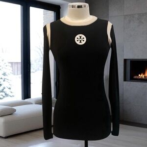 TORY BURCH SIGNATURE MERINO WOOL BLACK PATCH SWEATER SIZE S/P